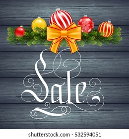 Holiday gift card with hand lettering Sale and Christmas celebration fir branch on wood background. Vector illustration for your design
