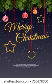 Holiday gift card with hand lettering Merry Christmas and balls, fir branches on dark background. Template for business card, banner, poster, notebook, invitation. Vector illustration for your design