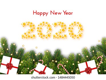 Holiday gift card. Happy New Year 2020. Numbers of golden stars, fir tree branches, candy canes and gift boxes on white background. Vector illustration for your design
