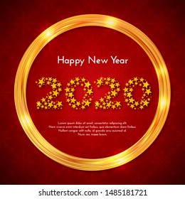 Holiday gift card. Happy New Year 2020. Golden circle frame on red background with snowflakes. Template for a banner, poster, invitation. Vector illustration for your design