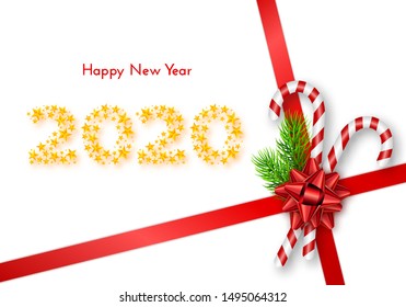 Holiday gift card. Happy New Year 2020. Numbers of golden stars, fir tree branches, tied red bow and candy canes on white background. Template for a banner, poster, invitation. Vector illustration