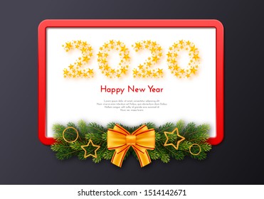 Holiday gift card. Happy New Year 2020. Numbers of golden stars, fir tree branches garland and red frame with tied bow. Template for a banner, poster, invitation. Vector illustration for your design