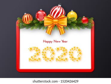 Holiday gift card. Happy New Year 2020. Numbers of golden stars, fir tree branches garland, Christmas balls and red frame with tied bow. Template for a banner, poster, invitation. Vector illustration