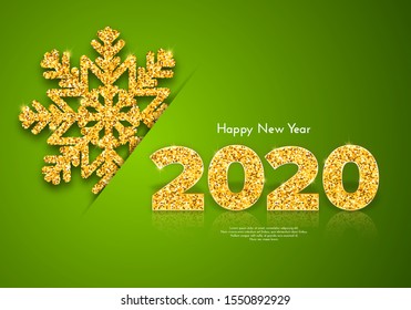 Holiday gift card Happy New Year. Golden numbers 2020 and  snowflake on green background. Celebration decor. Vector poster