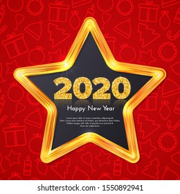 Holiday gift card Happy New Year. Golden numbers 2020 in star frame on red background with Christmas icons pattern. Celebration decor. Vector poster