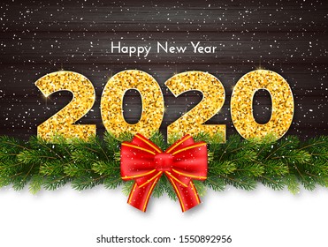 Holiday gift card Happy New Year. Golden numbers 2020, fir tree branches garland and red tied bow on wood background. Celebration decor. Vector poster