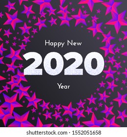 Holiday gift card. Happy New Year. Snow numbers 2020 and wreath of neon stars on dark background. Celebration decor. Vector art concept.