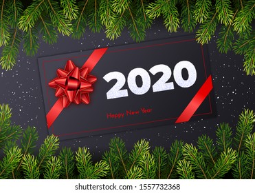 Holiday gift card. Happy New Year 2020. Snow numbers, fir tree branches and red tied bow on dark background. Vector poster