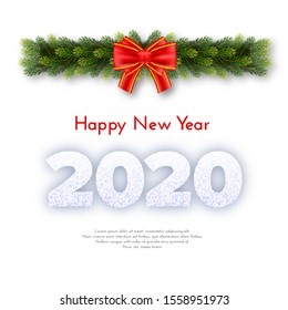 Holiday gift card. Happy New Year 2020. Snow numbers, fir tree branches garland and red tied bow on white background. Vector art celebrate decor concept.