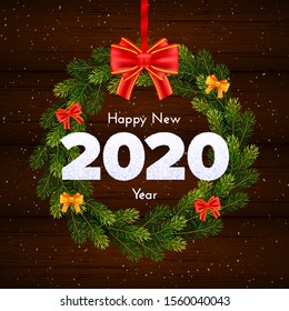 Holiday gift card. Happy New Year 2020. Snow numbers, fir tree branches wreath and bow on wood background. Celebration decor. Vector poster template.