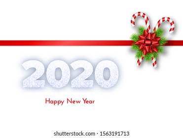 Holiday gift card. Happy New Year 2020. Snow numbers, fir tree branches, tied bow and candy canes on red ribbon. Isolated on white. Traditional decor template. Vector art concept.