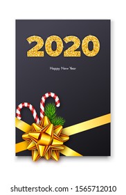Holiday gift card Happy New Year. Golden numbers 2020, fir tree branches, candy canes and bow on dark background. Celebration decor. Vector art concept.