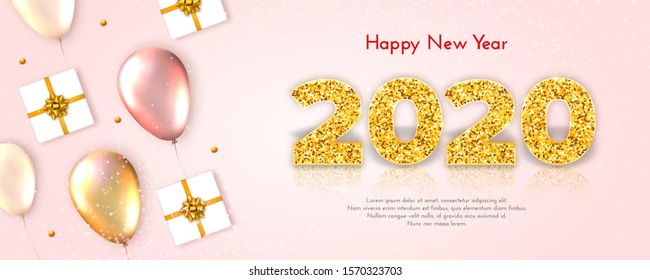 Holiday gift card Happy New Year. Golden numbers 2020, gift box and realistic glossy flying balloons. Celebration decor. Vector poster for your design