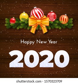Holiday gift card. Happy New Year 2020. Snow numbers, fir tree branches garland, Christmas balls and gold tied bow on wood background. Celebration decor. Vector poster