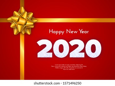 Holiday gift card. Happy New Year 2020. Snow numbers and golden tied bow on red background. Celebration decor. Vector poster