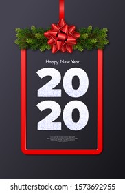 Holiday gift card. Happy New Year 2020. Snow numbers, fir tree branches garland and red frame with tied bow. Celebration decor. Vector poster for your design