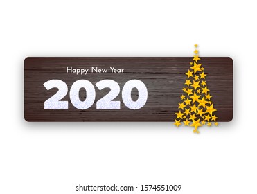 Holiday gift card. Happy New Year 2020. Snow numbers and Christmas tree from golden stars on wood background. Celebration decor. Vector poster