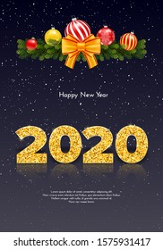 Holiday gift card Happy New Year. Golden numbers 2020, fir tree branches, Christmas balls and tied bow on dark background. Celebration decor. Vector poster