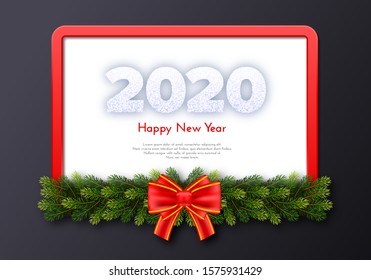 Holiday gift card. Happy New Year 2020. Snow numbers, fir tree branches, red frame and red tied bow on dark background. Vector art celebrate decor concept.