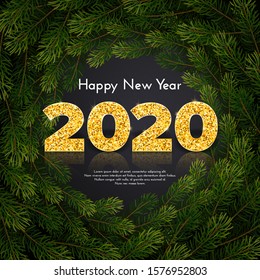 Holiday gift card Happy New Year. Golden numbers 2020 on fir tree wreath background. Traditional celebration decor. Vector art concept.
