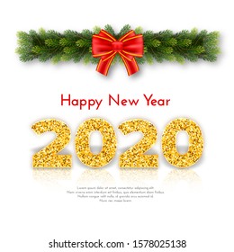 Holiday gift card Happy New Year. Golden numbers 2020, fir tree branches garland and red tied bow on white background. Vector art celebrate decor concept.