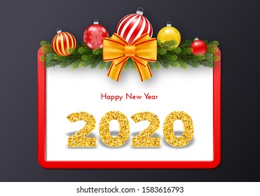 Holiday gift card Happy New Year. Golden numbers 2020, fir tree branches, red frame, Christmas balls and tied bow on dark background. Vector art celebrate decor concept.