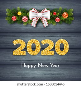 Holiday gift card Happy New Year. Golden numbers 2020, fir tree branches garland, Christmas balls and white tied bow on wood background. Celebration decor. Vector poster