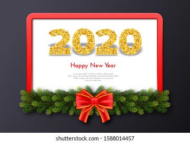 Holiday gift card Happy New Year. Golden numbers 2020, fir tree branches, red frame and red tied bow on dark background. Vector art celebrate decor concept.