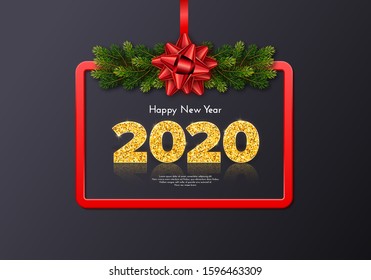 Holiday gift card Happy New Year. Golden numbers 2020, fir tree branches garland and red frame with tied bow. Celebration decor. Vector poster for your design