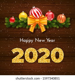 Holiday gift card Happy New Year. Golden numbers 2020, fir tree branches garland and tied bow on wood background. Celebration decor. Vector poster