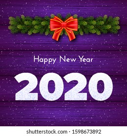 Holiday gift card. Happy New Year 2020. Snow numbers, fir tree branches garland and red tied bow on wood background. Celebration decor. Vector poster