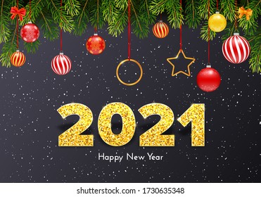 Holiday gift card Happy New Year and golden numbers 2021. Fir tree branches with Christmas balls. Celebration decor. Vector template illustration.