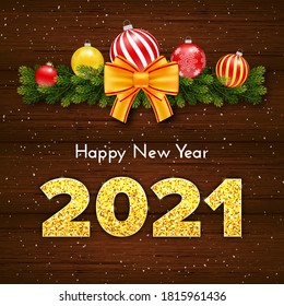 Holiday gift card Happy New Year with fir tree branches garland. Golden numbers 2021 with shadow on wood background. Celebration decor. Vector template illustration.