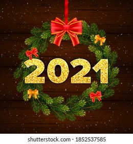 Holiday gift card Happy New Year with fir tree branches wreath. Golden numbers 2021 with shadow on wood background. Celebration decor. Vector template illustration.