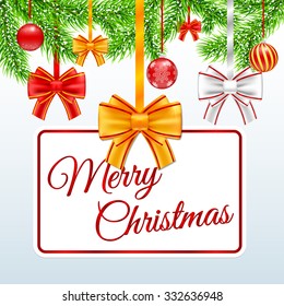 Holiday gift card with pine branches and Christmas ball. Vector illustration for your design
