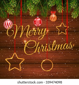 Holiday gift card with pine branches and Christmas toy. Vector illustration for your design