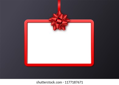 Holiday gift card with red frame, ribbon and bow on black background. Template for a business card, banner, poster, notebook, invitation. Vector illustration for your design