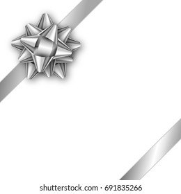 Holiday gift card with silver ribbon and bow. Template for a business card, banner, poster, flyer, notebook, invitation. Vector illustration for your design.