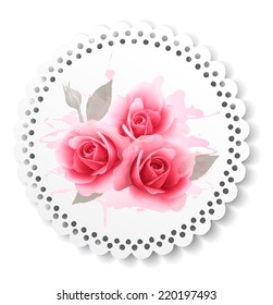 Urlaubskarte mit drei rosa Rosen. Vektorgrafik.
