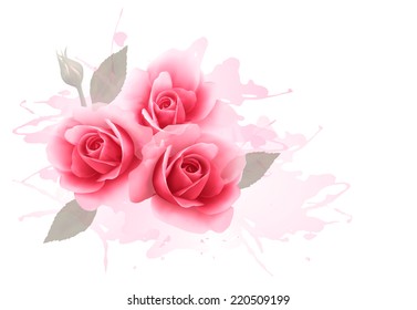 Holiday gift card with three pink roses. Vector.