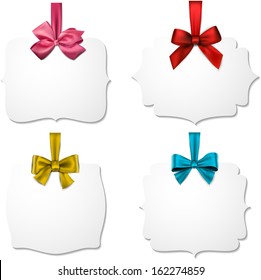 Holiday gift cards with color ribbons and satin bows. Vector illustration. 