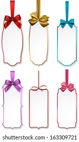 Holiday gift cards with color ribbons and satin bows. Vector illustration. 