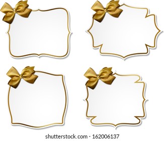 Holiday gift cards with golden ribbons and satin bows. Vector illustration.