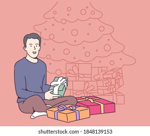 Holiday, gift, celebration concept. Young happy cheerful smiling man guy boy holding carrying many presents. New year christmas or birthday gifts giveaway illustration.