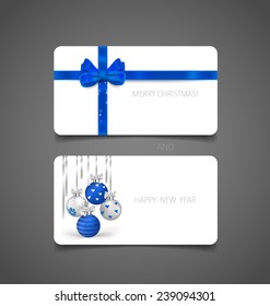 Holiday gift coupons with gift bows and Christmas ball, vector illustration.