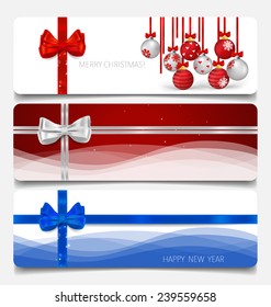 Holiday gift coupons with gift bows and Christmas balls, vector illustration.