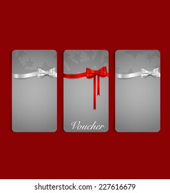 Holiday Gift Coupons with gift bows and ribbons. Vector illustration.