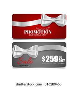 Holiday Gift Coupons with ribbons. Vector illustration.