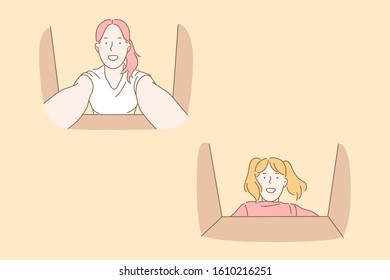 Holiday, gift, delivery, family set concept. Young, careful,attentive mother puts holidays gift in box. A daughter finds parcel with surprise inside. Family holidays bring joy. Simple flat vector