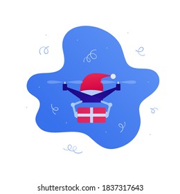 Concepto de servicio de entrega de paquetes drone de regalo de vacaciones. Ilustración plana vectorial. Robot volador sin tripulación con sombrero de claus de santa sosteniendo una caja fuerte. Elemento de diseño para navidad y banner de año nuevo, web.